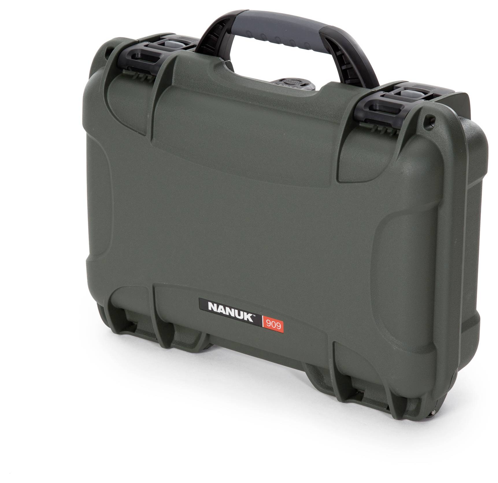 Ein robuster, dunkelgrüner Koffer der Marke 'Nanuk 909' mit schwarzem Griff. Ideal für den sicheren Transport von empfindlichen Gegenständen.