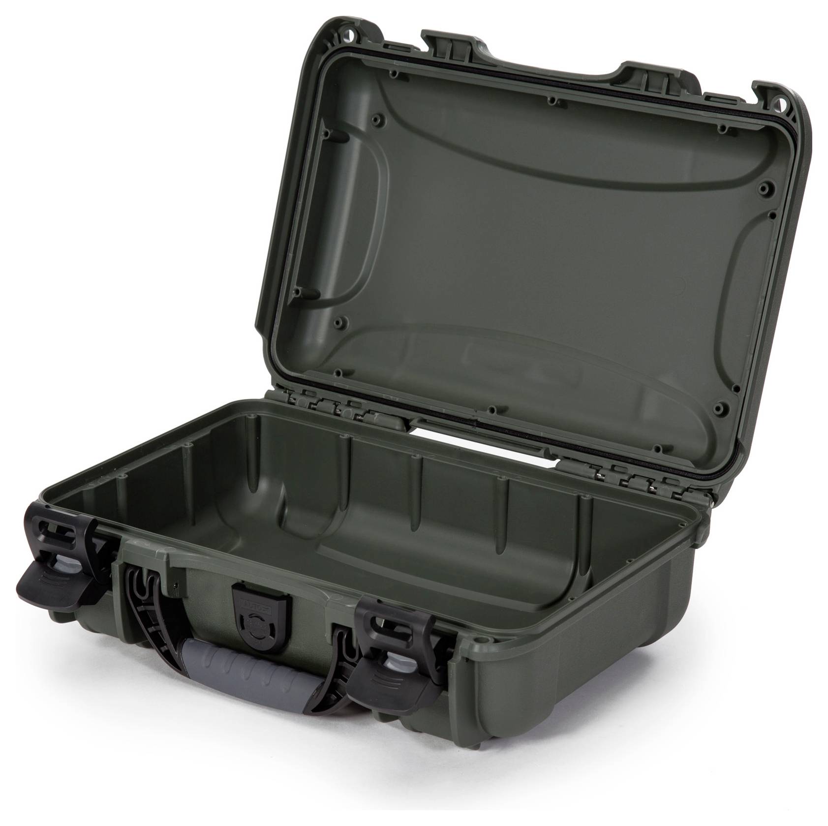 Ein offener, leerer, dunkelgrauer Hartschalenkoffer mit Schnappverschlüssen, geeignet für den Transport empfindlicher Gegenstände.