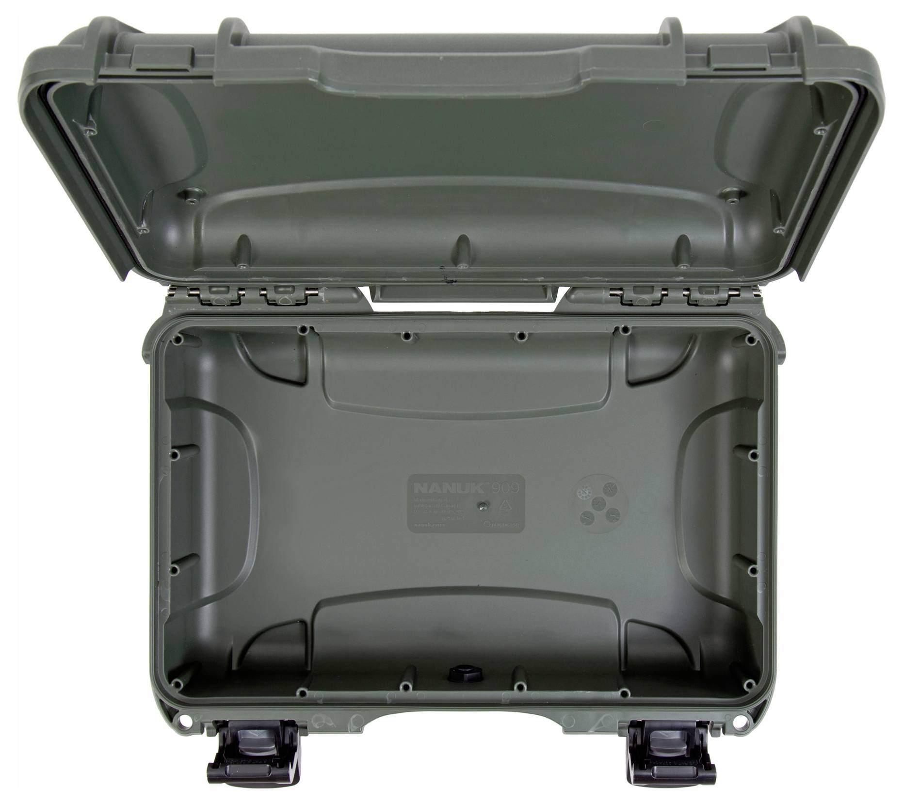 Ein offener, leerer, robuster grüner Koffer mit zwei schwarzen Verschlüssen, wahrscheinlich für den sicheren Transport empfindlicher Gegenstände.