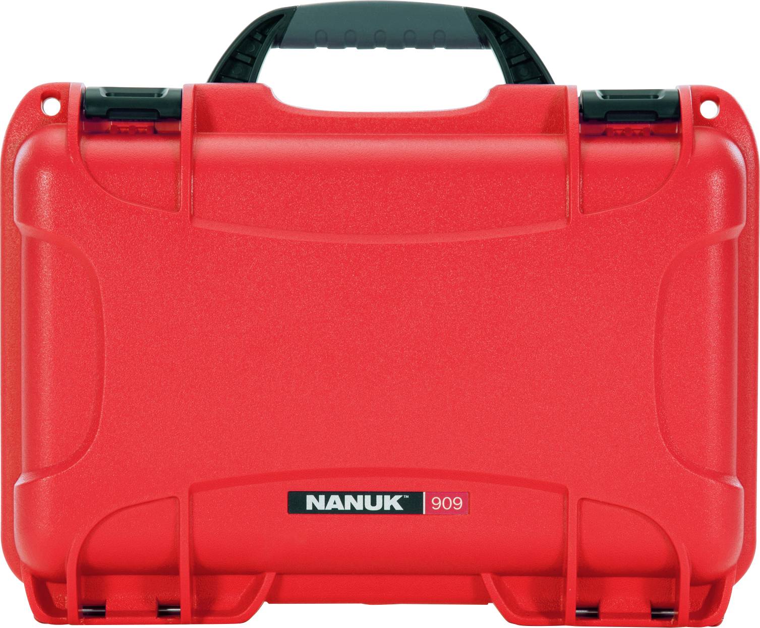 Roter, robuster Transportkoffer mit Griff und schwarzem 'Nanuk 909'-Schriftzug, geeignet zum sicheren Verstauen von Ausrüstung.