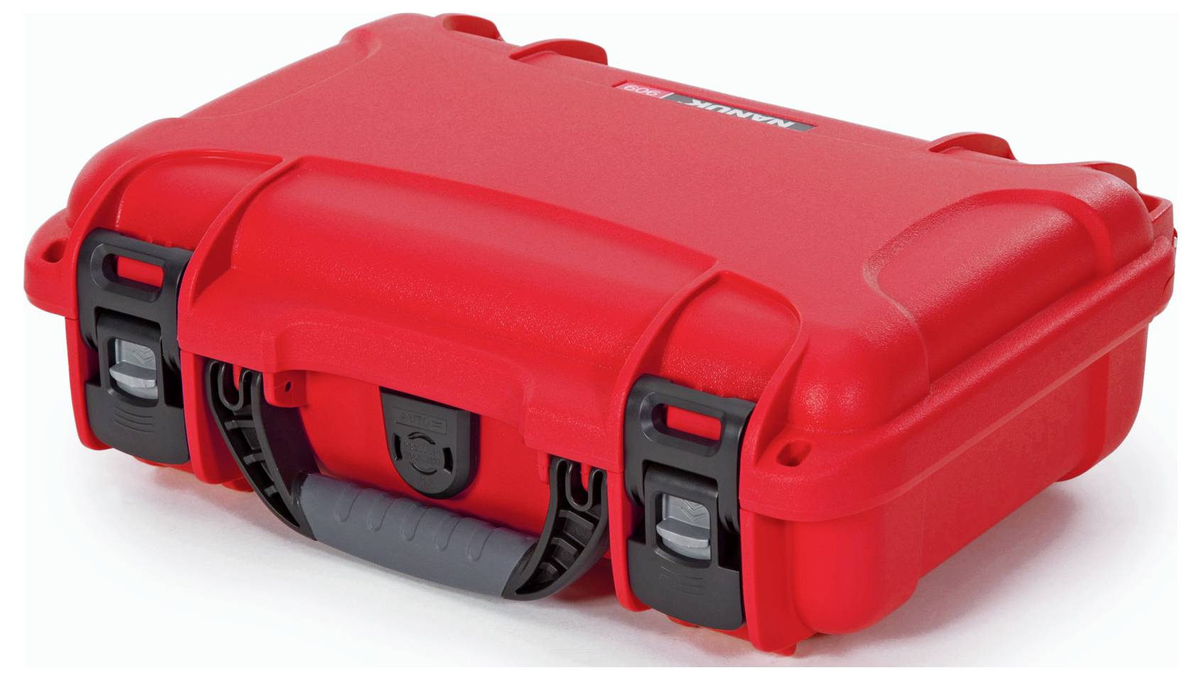 Ein roter, robuster Koffer mit schwarzem Griff und Verschlüssen, geeignet für den sicheren Transport empfindlicher Gegenstände.