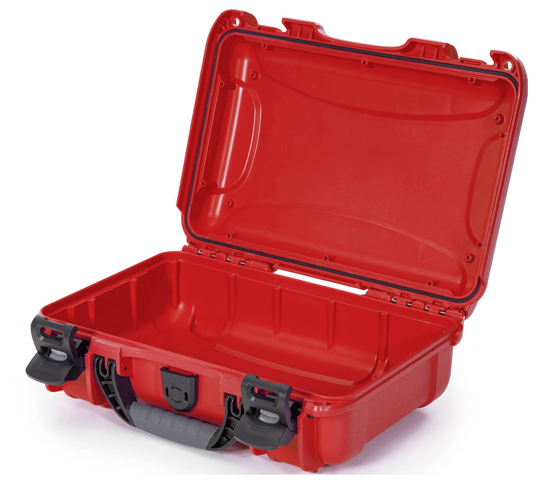 Roter, offener Hartschalenkoffer mit schwarzem Griff und Verschlüssen. Ideal für den Schutz empfindlicher Gegenstände beim Transport.