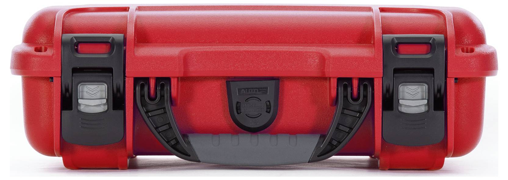 Ein roter, stabiler Transportkoffer mit zwei schwarzen Verschlüssen und einem Tragegriff vorne.