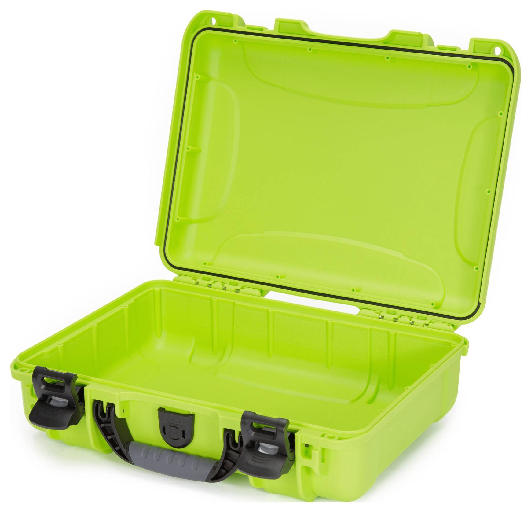 Ein leuchtend grüner Koffer mit offenem Deckel, der das Innere zeigt. Der Koffer hat einen schwarzen Griff und Verschlüsse.