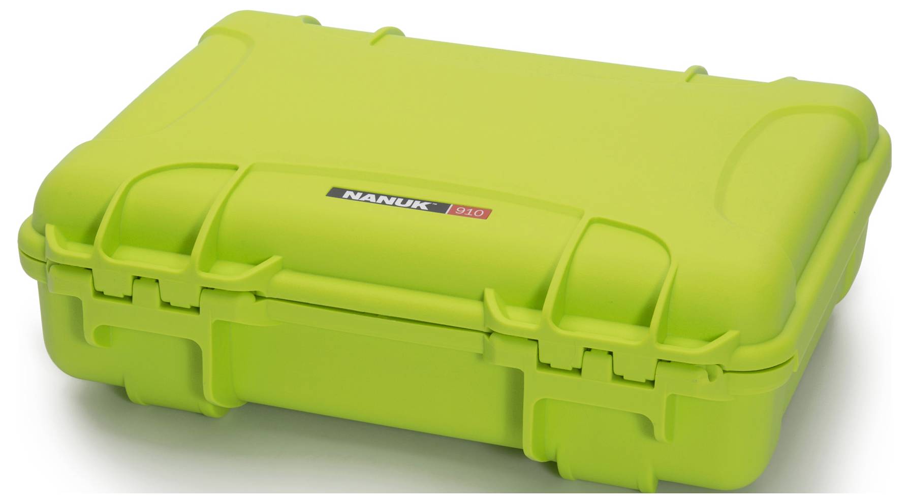 Leuchtend grüner Hartschalenkoffer mit robustem Design, Markenlabel 'Nanuk 910' auf der Oberseite, geeignet für sicheren Transport.
