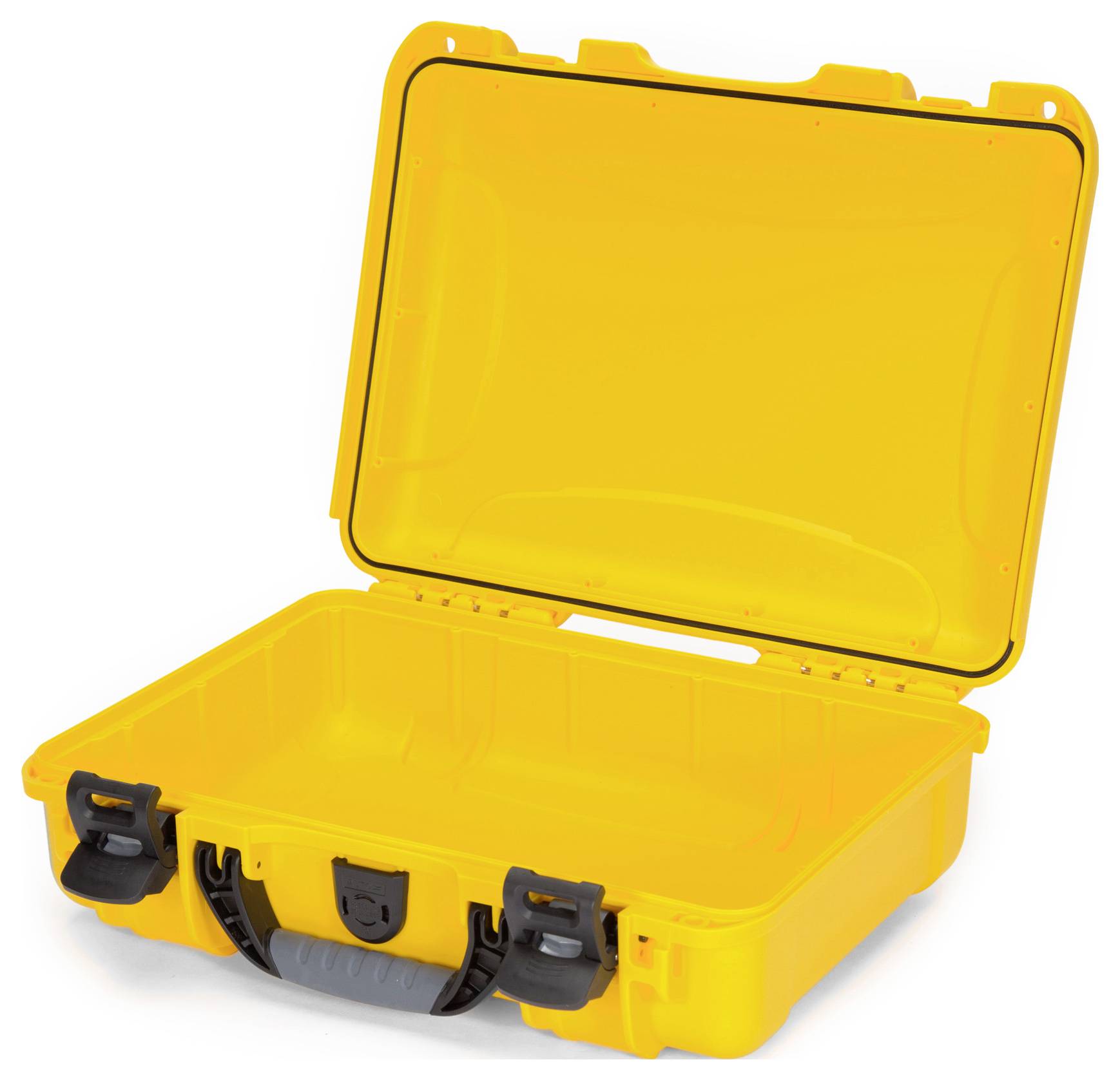 Ein leerer, gelber Hartschalenkoffer mit offenem Deckel, zwei schwarzen Verschlüssen und einem schwarzen Griff. Perfekt zum sicheren Transport empfindlicher Gegenstände.