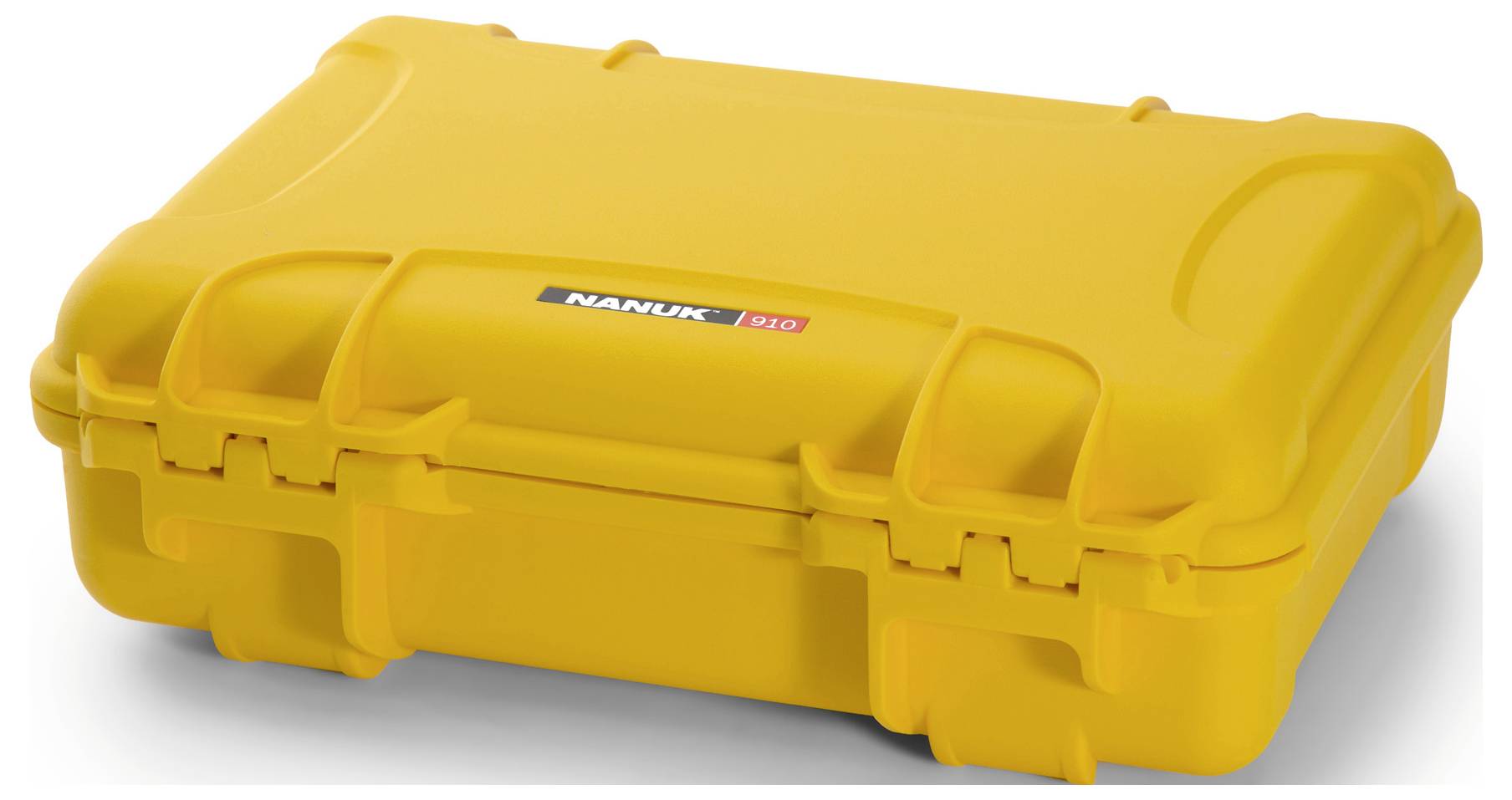 Gelber, stabiler Koffer mit dem Aufdruck 'NANUK 910', geeignet für den sicheren Transport empfindlicher Ausrüstung.