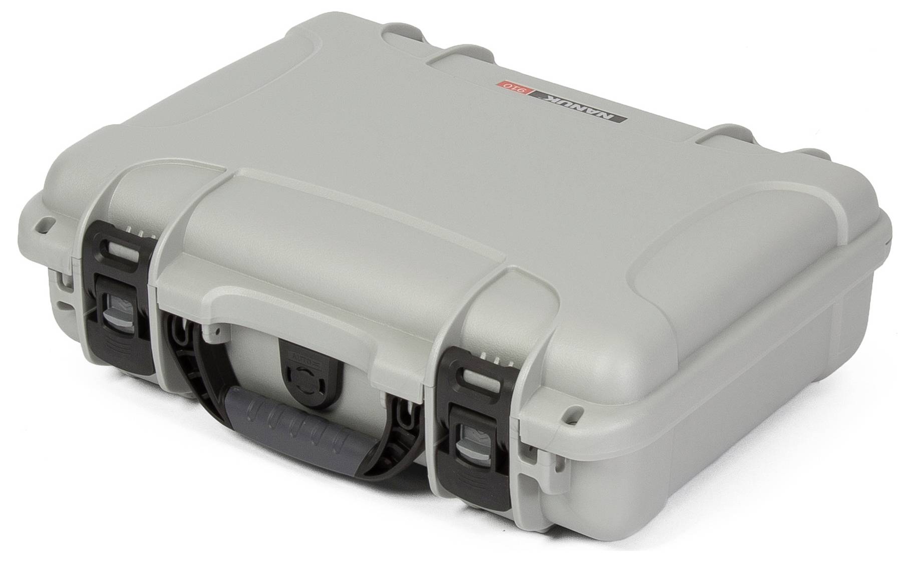 Grauer, robuster Hartschalenkoffer mit Schnappverschlüssen und einem Griff, vermutlich für den sicheren Transport empfindlicher Gegenstände.