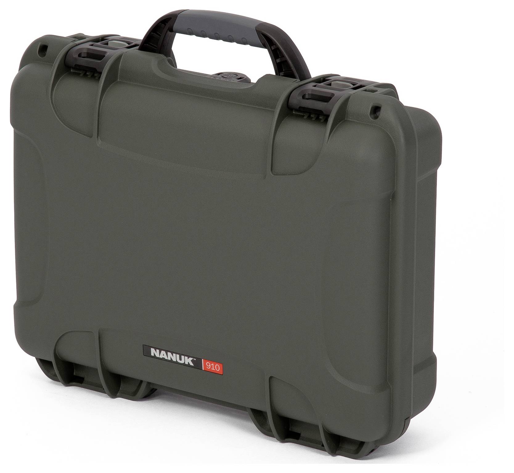 Ein robuster, dunkler Koffer mit Henkel, der Aufbewahrung und Schutz bietet, Marke 'Nanuk 910'.