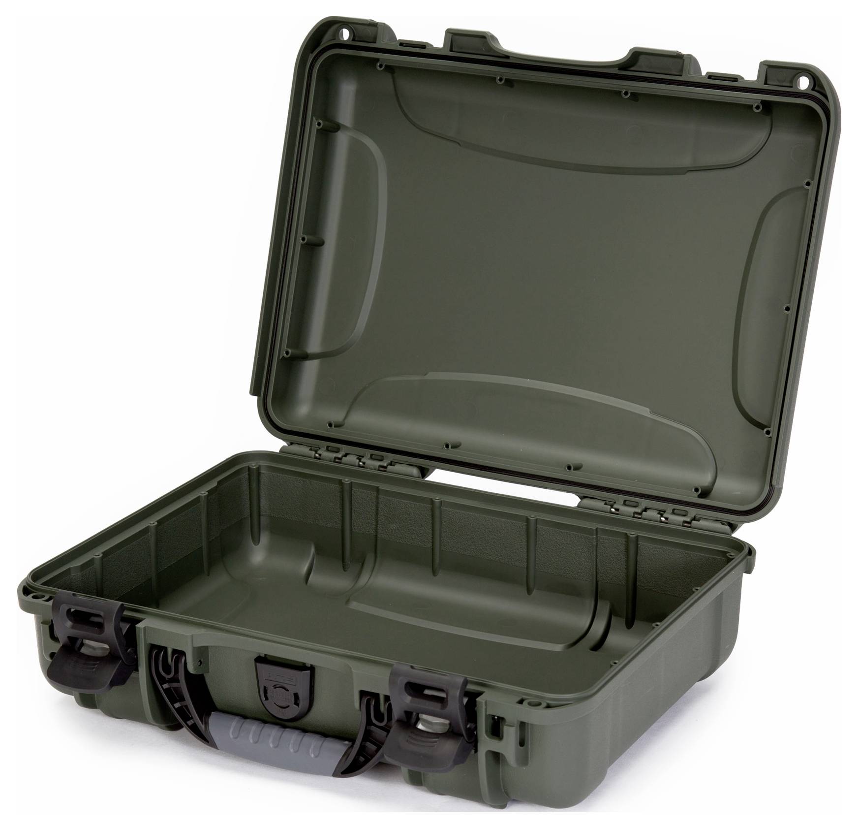 Ein offenstehender, leerer, olivgrüner Hartschalenkoffer mit Schaumstoffeinlage, geeignet für den sicheren Transport empfindlicher Geräte.
