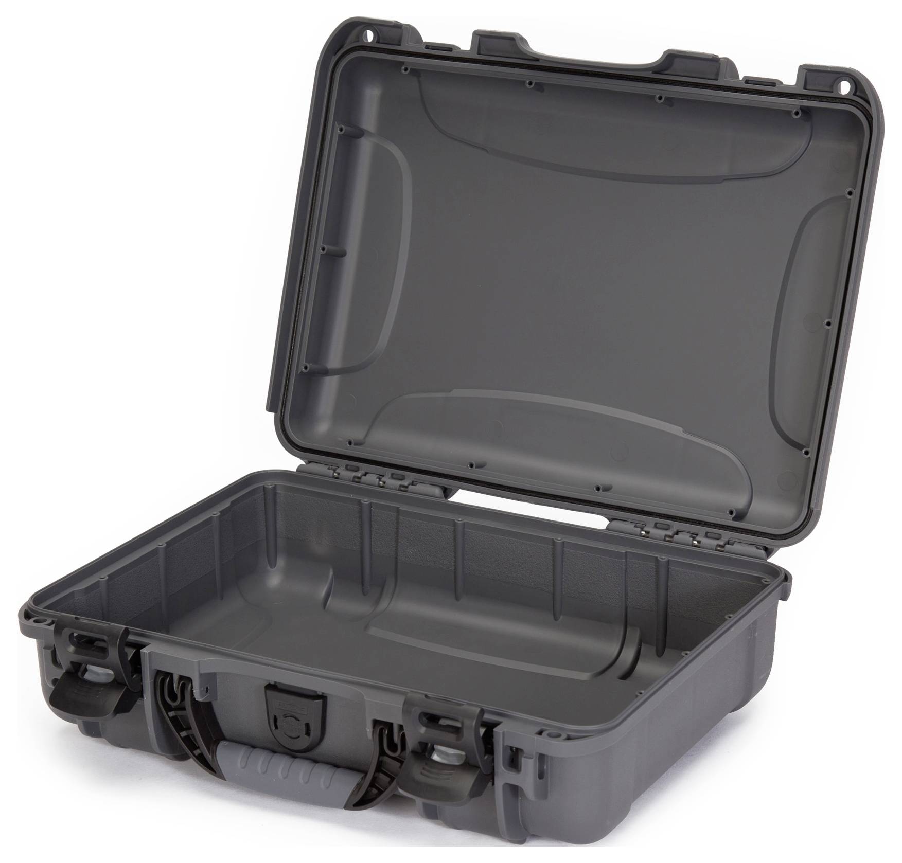 Offener, leerer grauer Hartschalenkoffer aus Kunststoff. Perfekt als schützende Transportlösung für empfindliche Ausrüstung.