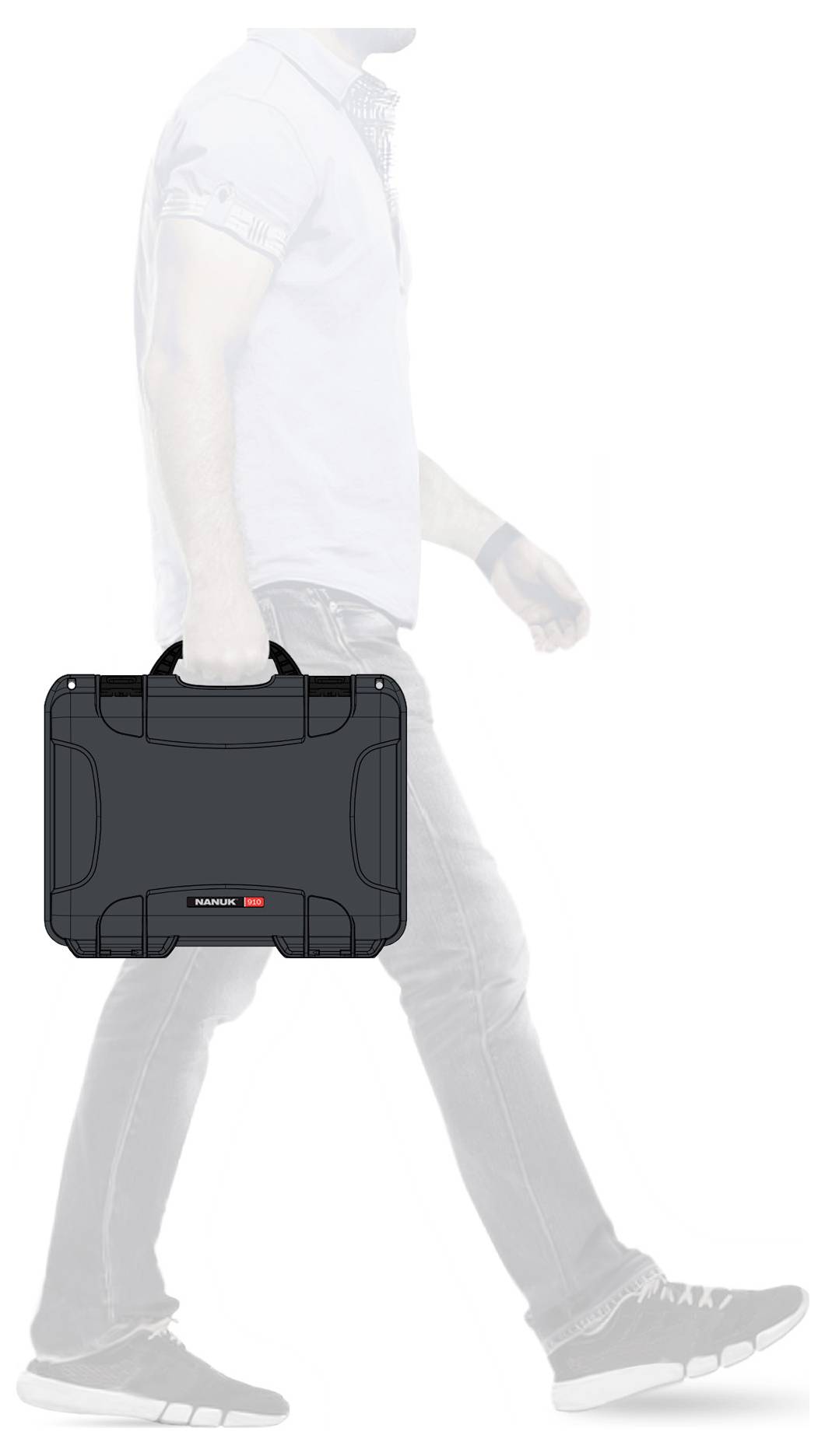 Mann in Jeans und Hemd trägt einen schwarzen Koffer in der rechten Hand. Der Koffer hat ein stilvolles, modernes Design.