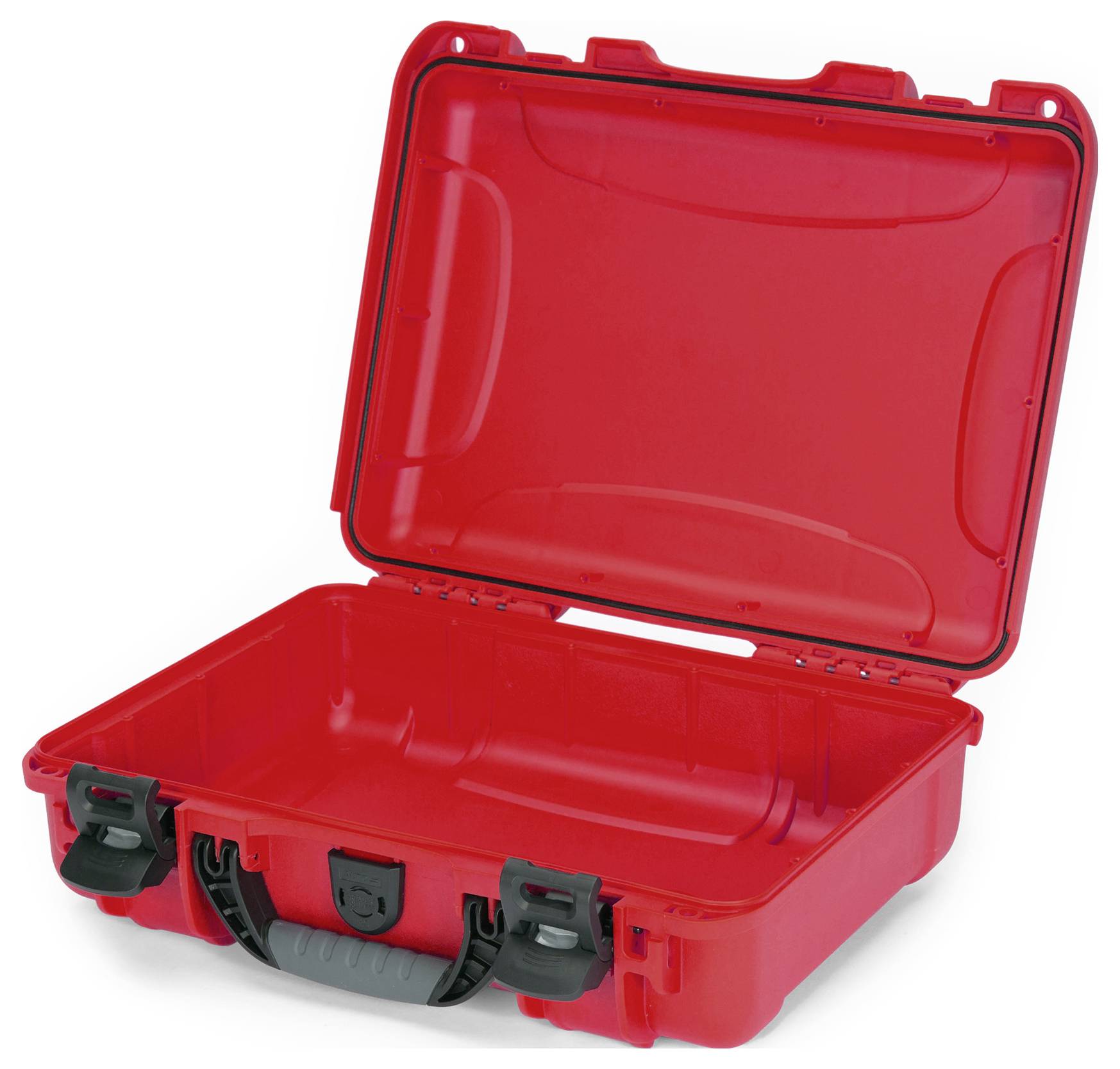 Roter, offener Hartschalenkoffer mit schwarzem Griff, leerer Innenraum. Geeignet für sicheren Transport zerbrechlicher Gegenstände.