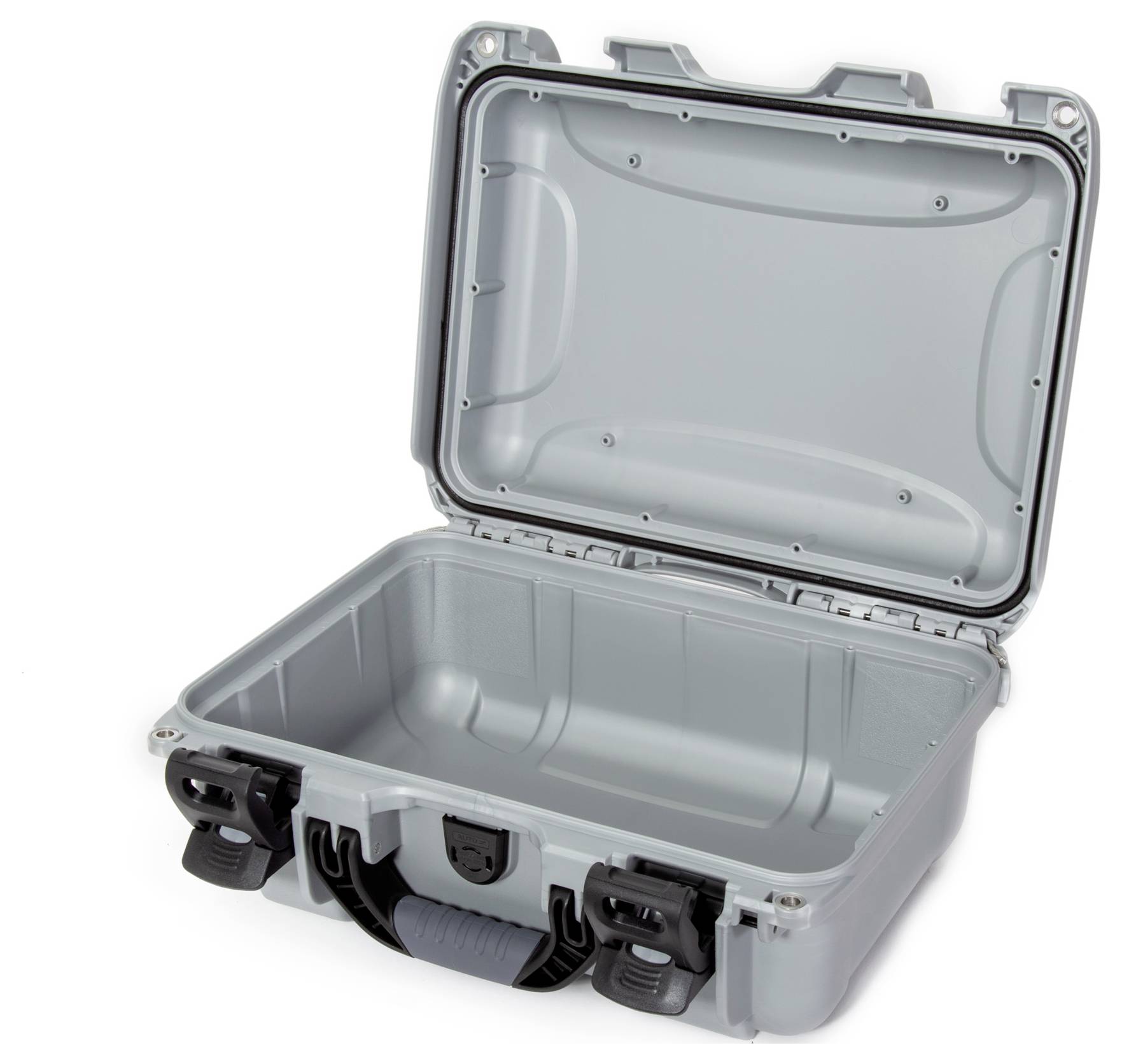 Grauer, offener Hartschalenkoffer mit robusten Verschlüssen und Tragegriff. Geeignet für den sicheren Transport empfindlicher Gegenstände.
