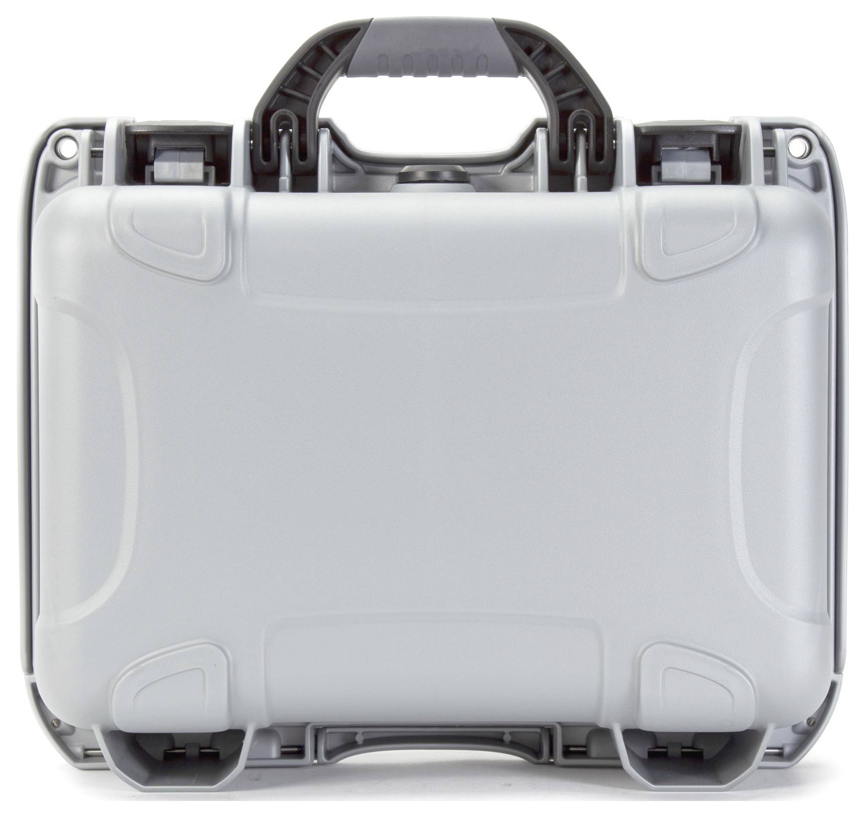 Grauer, robuster Kunststoffkoffer mit integriertem Tragegriff und Verschlüssen, geeignet für sicheren Transport von Ausrüstung.