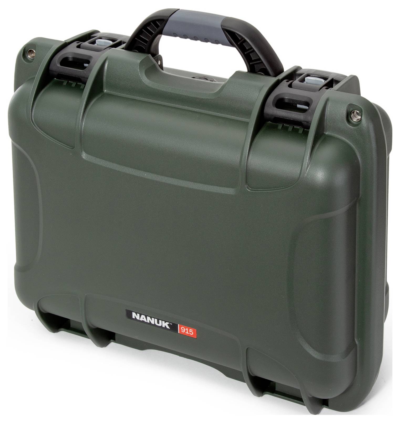 Ein robuster, dunkelgrüner Nanuk 915 Hartschalenkoffer mit schwarzem Griff, geeignet für sicheren Transport und Schutz von Ausrüstung.