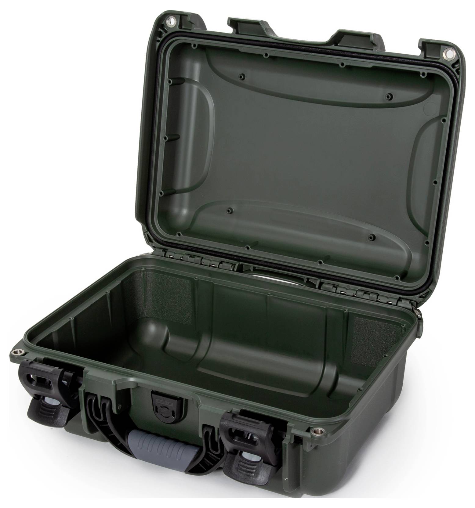 Offener olivgrüner Schutzkoffer aus Kunststoff mit Griff und Schnallen, geeignet zur sicheren Aufbewahrung empfindlicher Gegenstände.