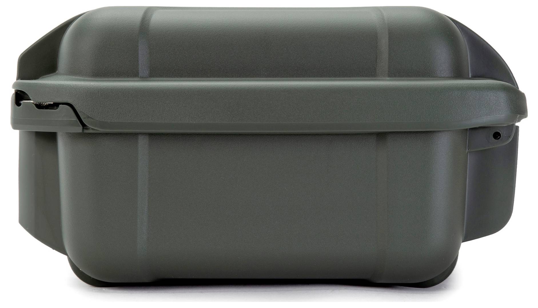 Ein rechteckiger, dunkelgrüner, stabiler Kunststoffbehälter mit Griff. Scharnierdeckel auf der Oberseite.