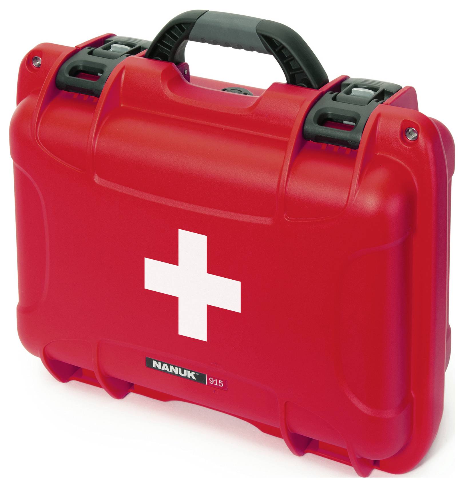 Roter Erste-Hilfe-Koffer mit weißem Kreuz auf der Vorderseite, Griff oben, widerstandsfähiges Material, für Notfallsituationen geeignet.