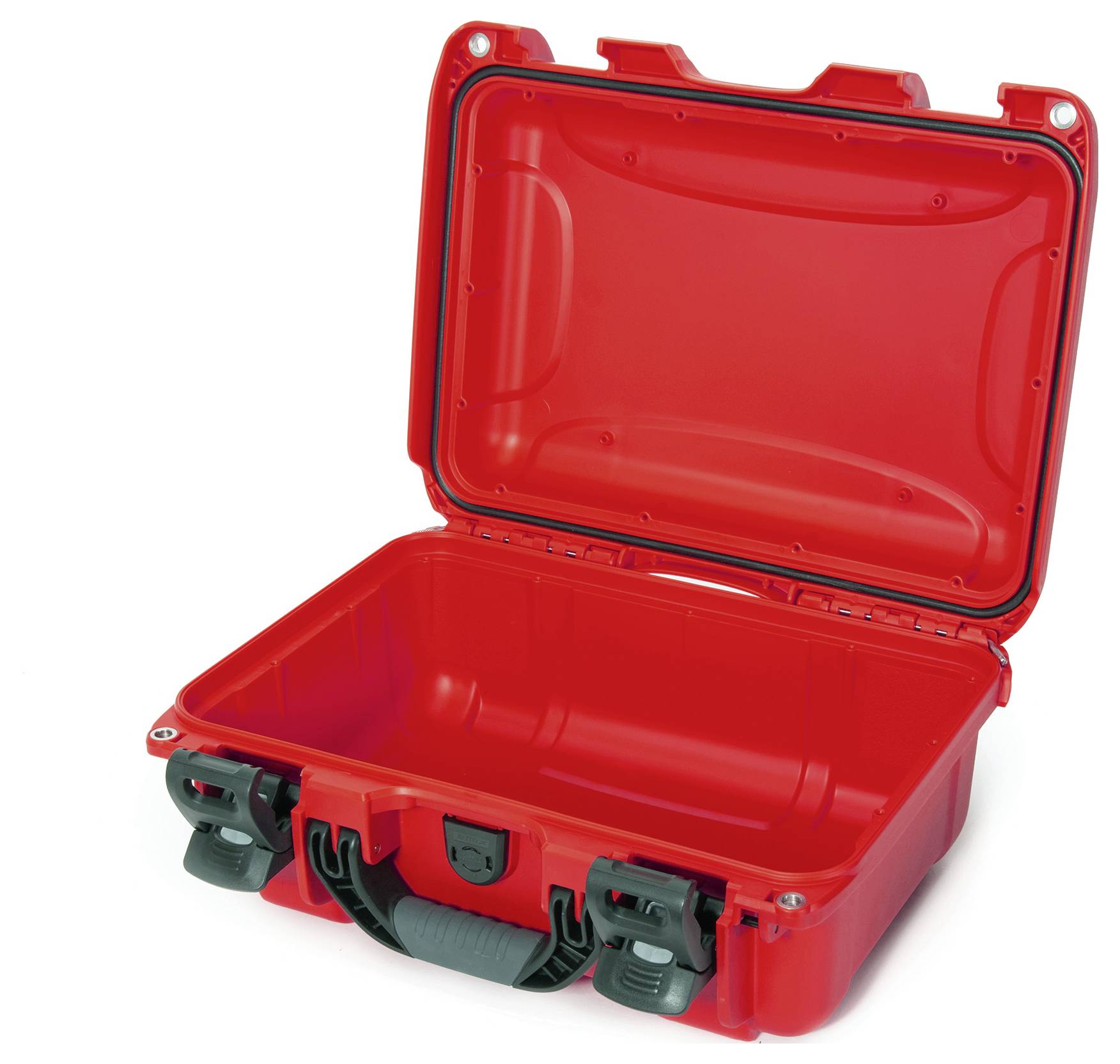 Roter, offener Hartschalenkoffer mit schwarzem Griff und Verschlüssen, geeignet für den sicheren Transport empfindlicher Gegenstände.