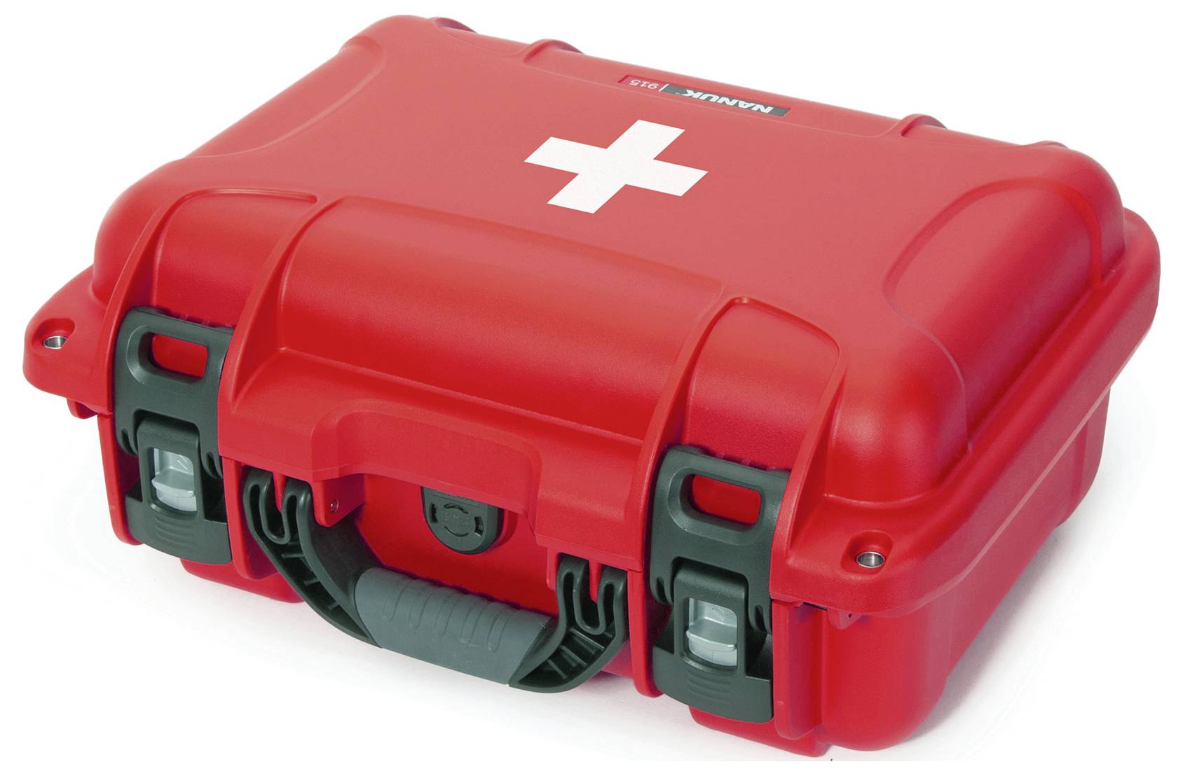 Roter Erste-Hilfe-Koffer mit weißem Kreuz, stabile Bauart, geeignet für Notfallausrüstung, transportabel durch Tragegriff.