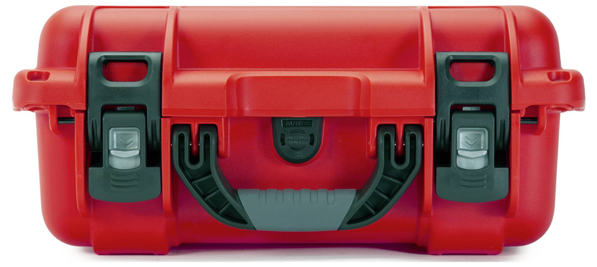 Roter, stabiler Schutzkoffer mit abschließbaren Verschlüssen, geeignet zum sicheren Transport empfindlicher Geräte oder Ausrüstung.