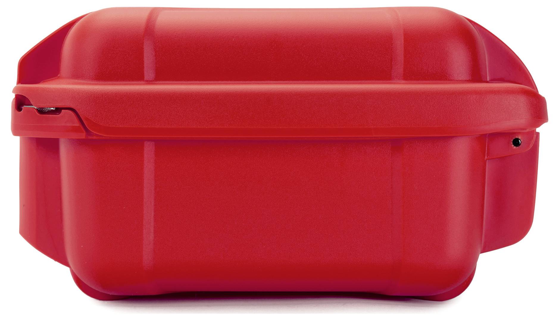Rote Brotdose aus Kunststoff mit abgerundeten Ecken und Klappverschluss, seitlich fotografiert.
