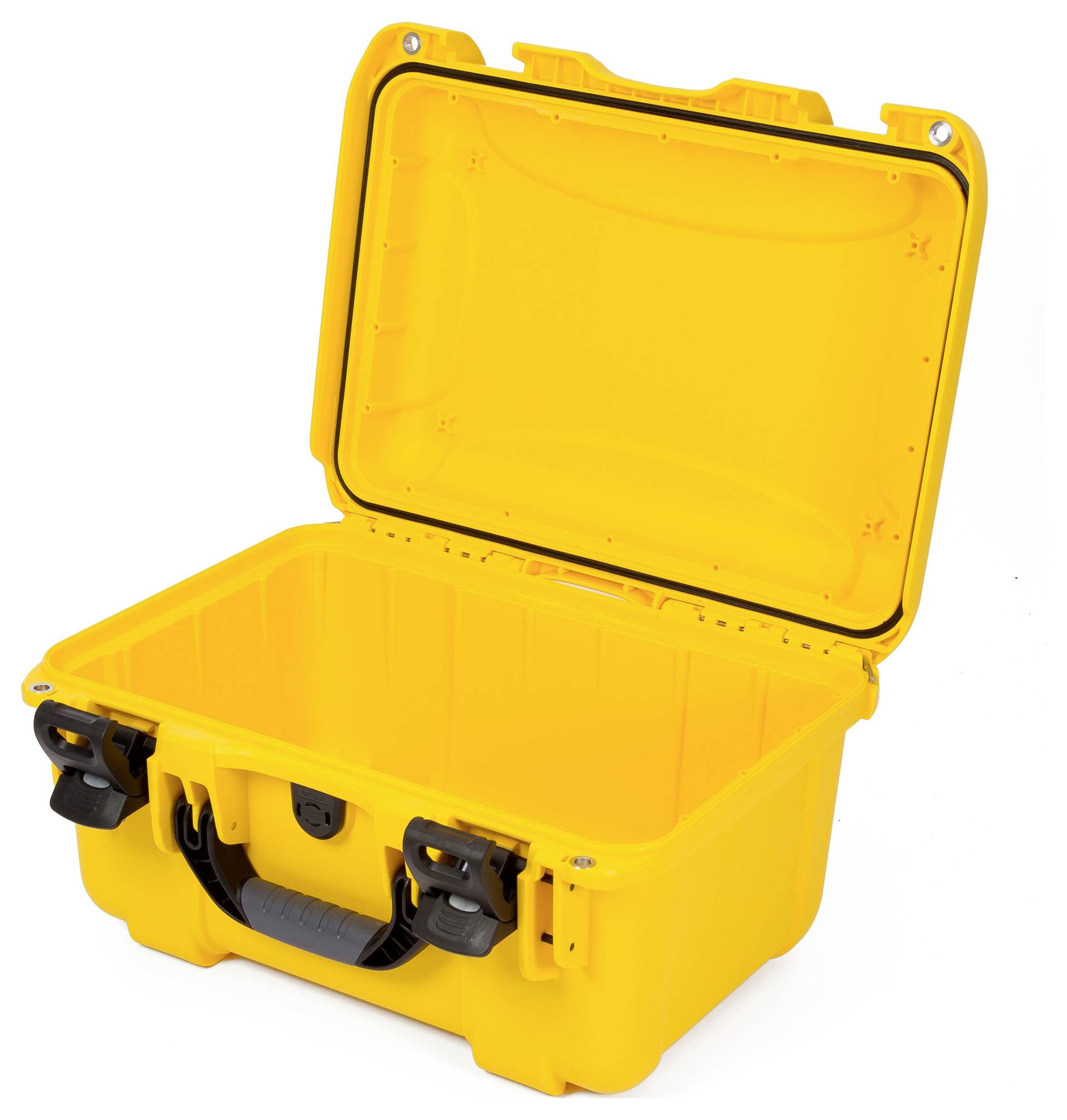 Gelber, offener Schutzkoffer aus stabilem Kunststoff mit schwarzem Griff und Verschlüssen, geeignet für sicheren Transport empfindlicher Gegenstände.