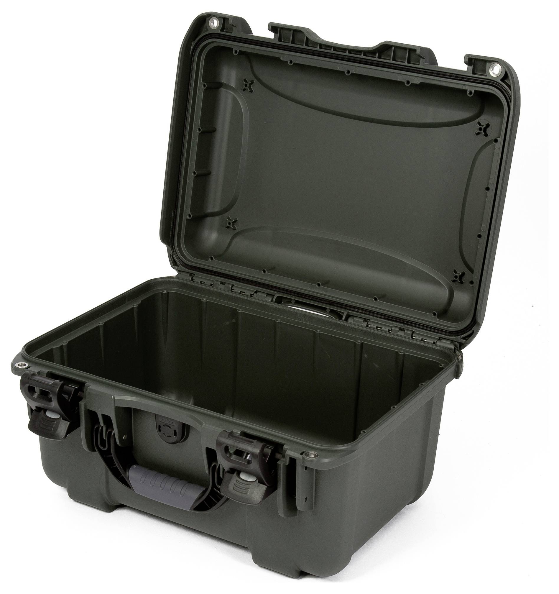 Ein offener, leeres Schutzgehäuse in dunkelgrauer Farbe mit robustem Design und zwei Verschlüssen an der Vorderseite.