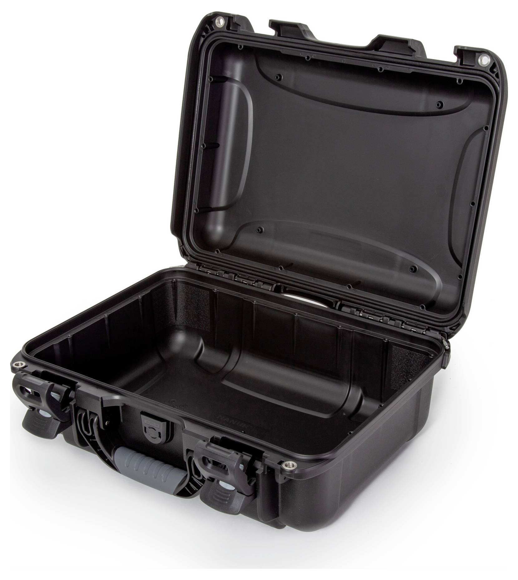 Schwarzer, offener Hartschalenkoffer aus Kunststoff mit Griff, geeignet zur sicheren Aufbewahrung oder zum Transport empfindlicher Gegenstände.