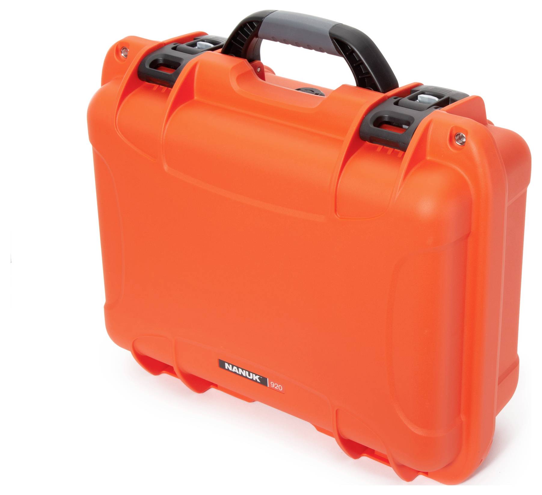 Oranger, widerstandsfähiger Schutzkoffer mit schwarzem Griff, geeignet für den sicheren Transport empfindlicher Geräte oder Utensilien.