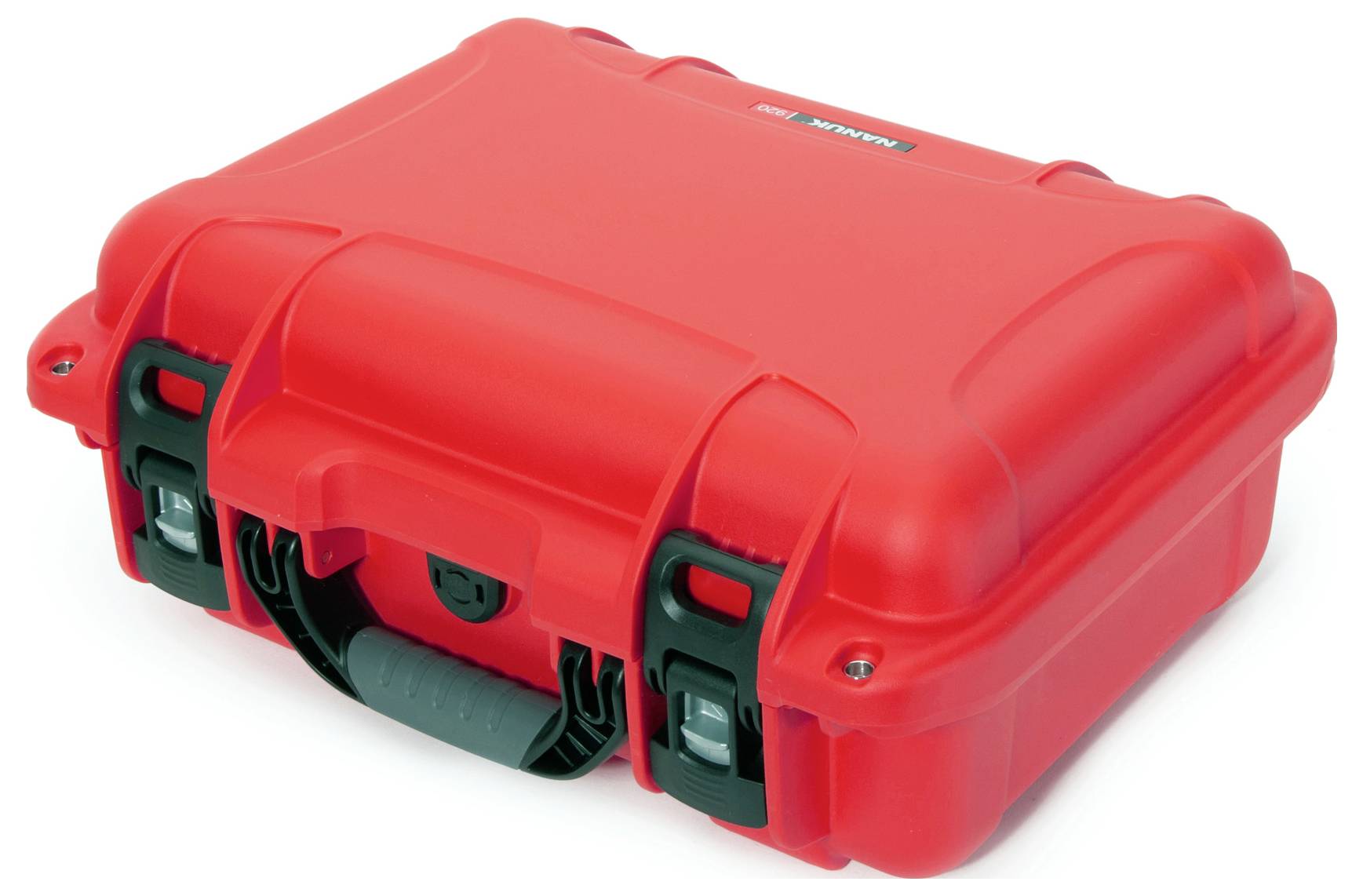 Roter, robust aussehender Schutzkoffer mit Verschlüssen und ergonomischem Griff, geeignet für sichere Aufbewahrung und Transport.