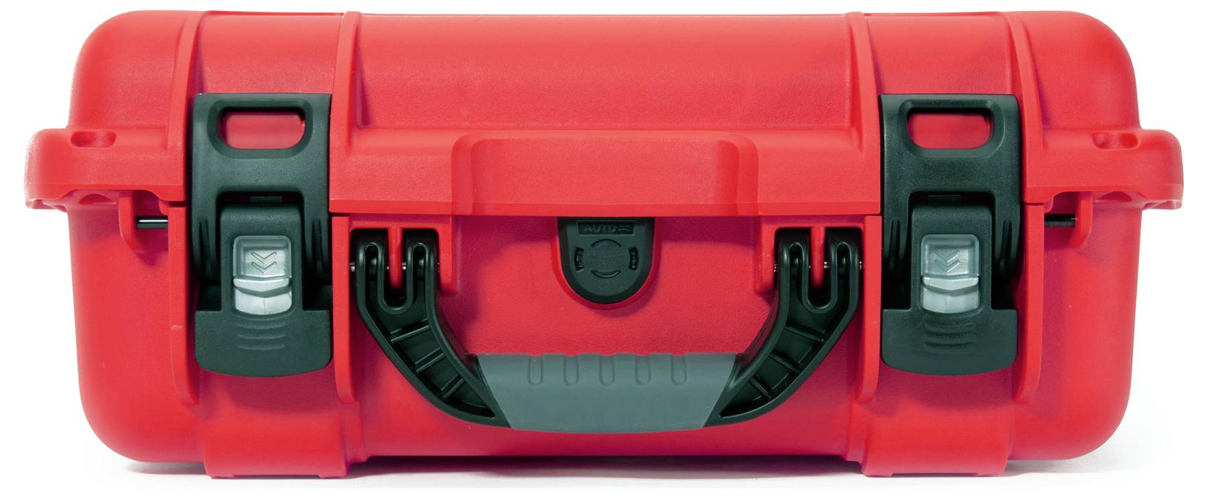 Ein roter, robuster Transportkoffer mit schwarzen Verschlüssen und Griff, geeignet für den sicheren Transport empfindlicher Ausrüstung.