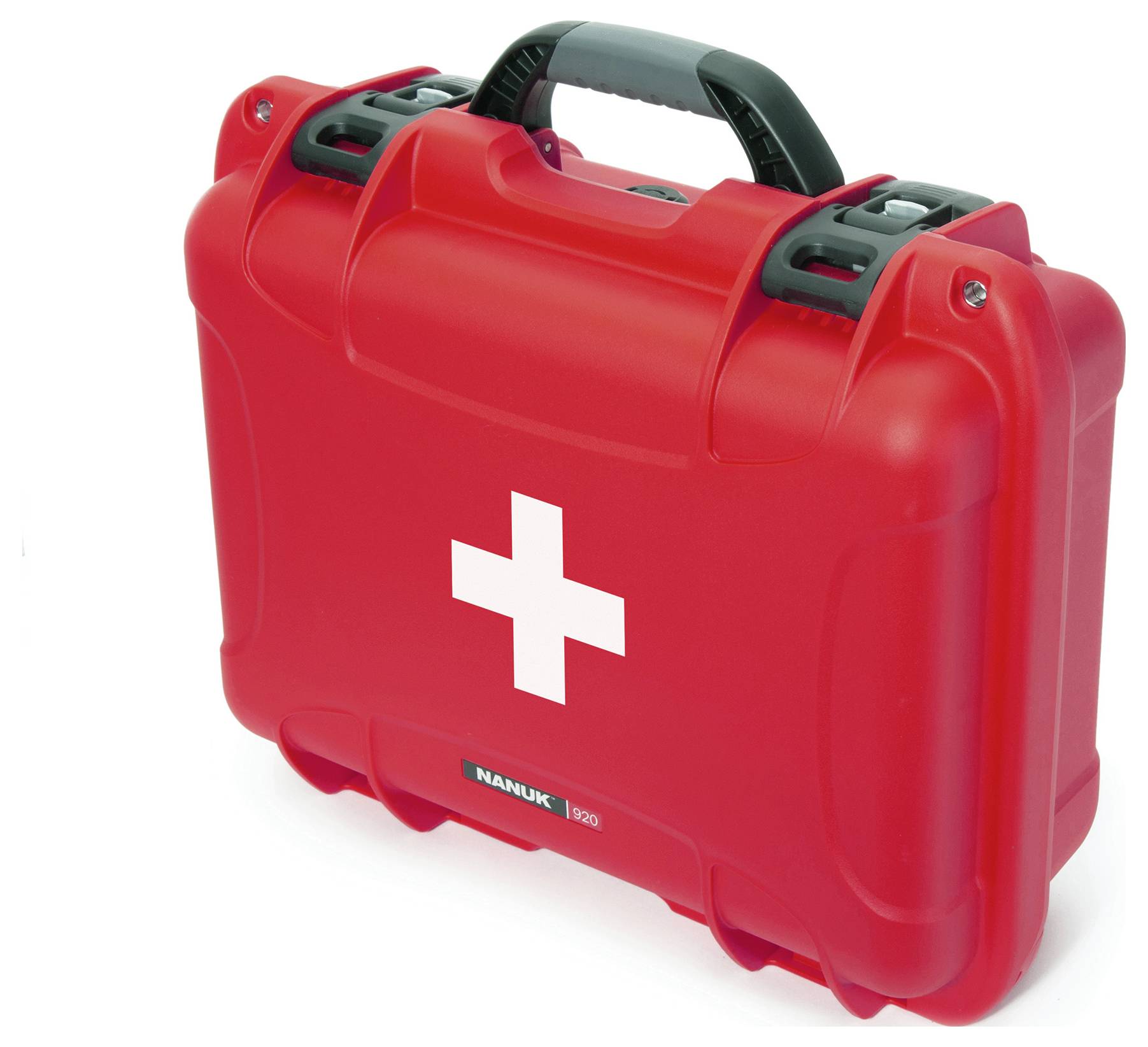 Roter Erste-Hilfe-Koffer mit weißem Kreuz auf der Vorderseite, Griff oben.