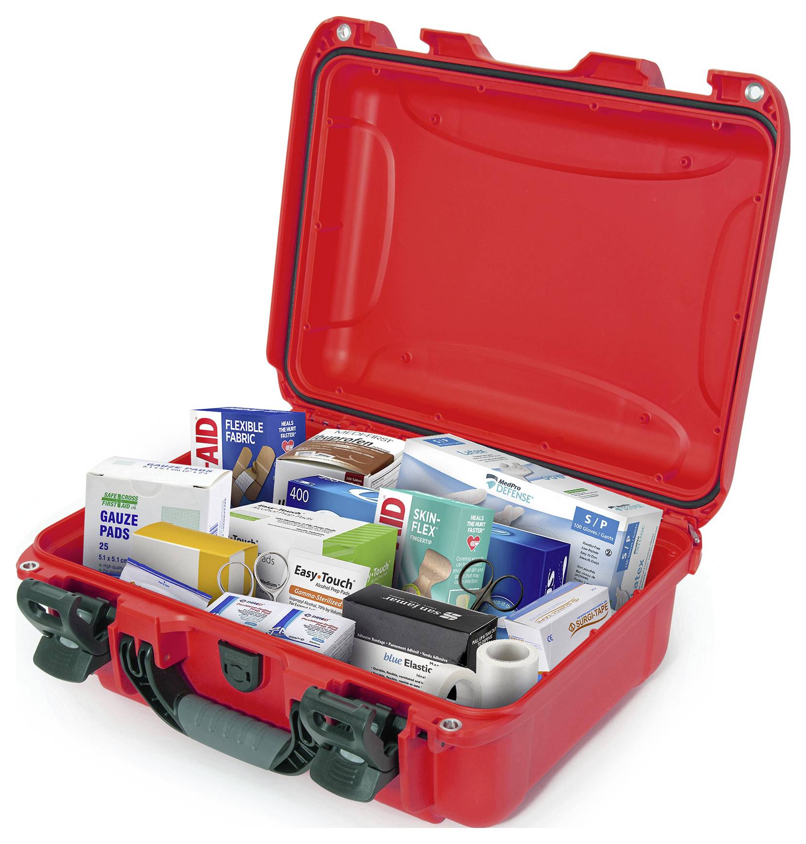 Ein roter Erste-Hilfe-Koffer offen mit verschiedenen medizinischen Materialien wie Verbände, Mullpads und Bandagen sichtbar.