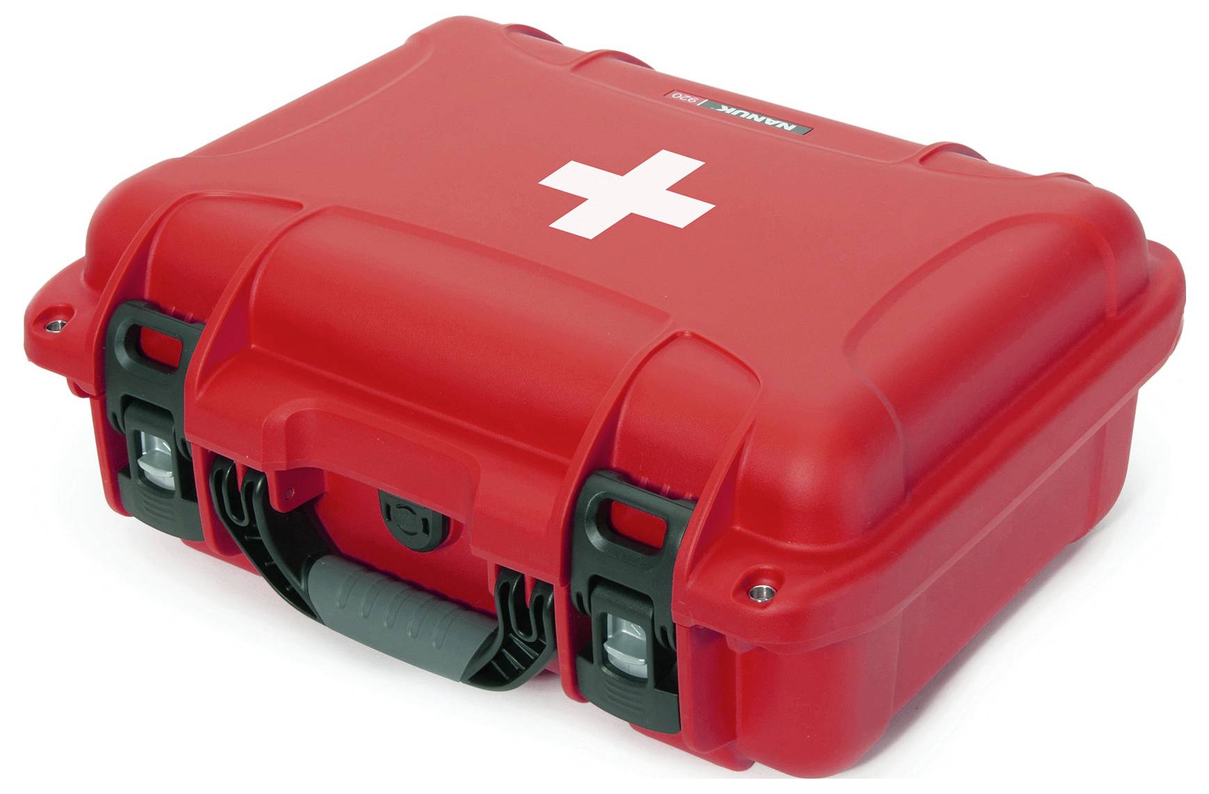 Roter Erste-Hilfe-Koffer mit weißem Kreuz auf dem Deckel, ideal für Notfälle.