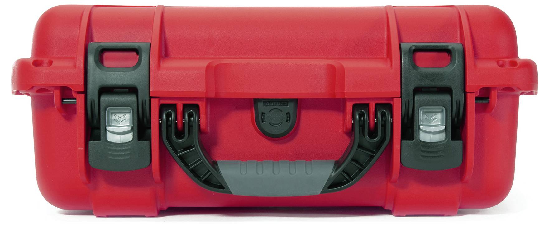 Roter, robuster Hartschalenkoffer mit zwei schwarzen Verschlüssen und einem Tragegriff. Ideal für den sicheren Transport empfindlicher Gegenstände.