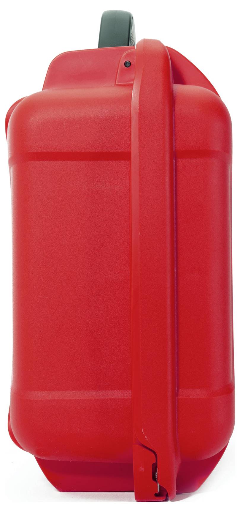 Roter Benzinkanister mit grünem Verschluss, stehend in Seitenansicht.
