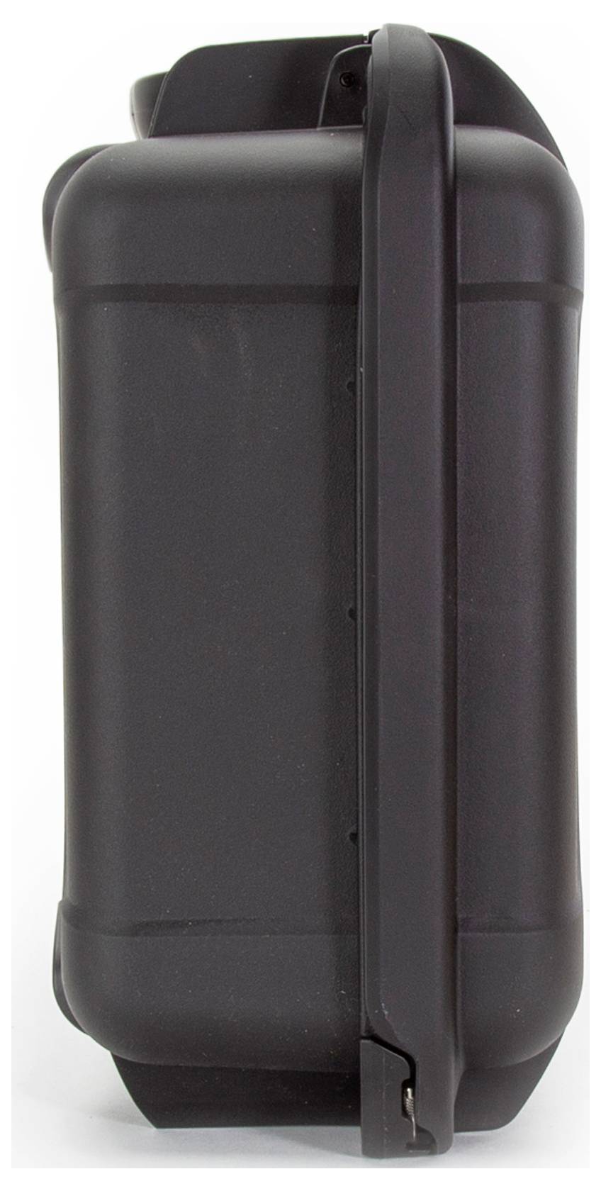 Schwarzer Hartplastik-Koffer mit seitlichem Griff, vertikal angeordnet.