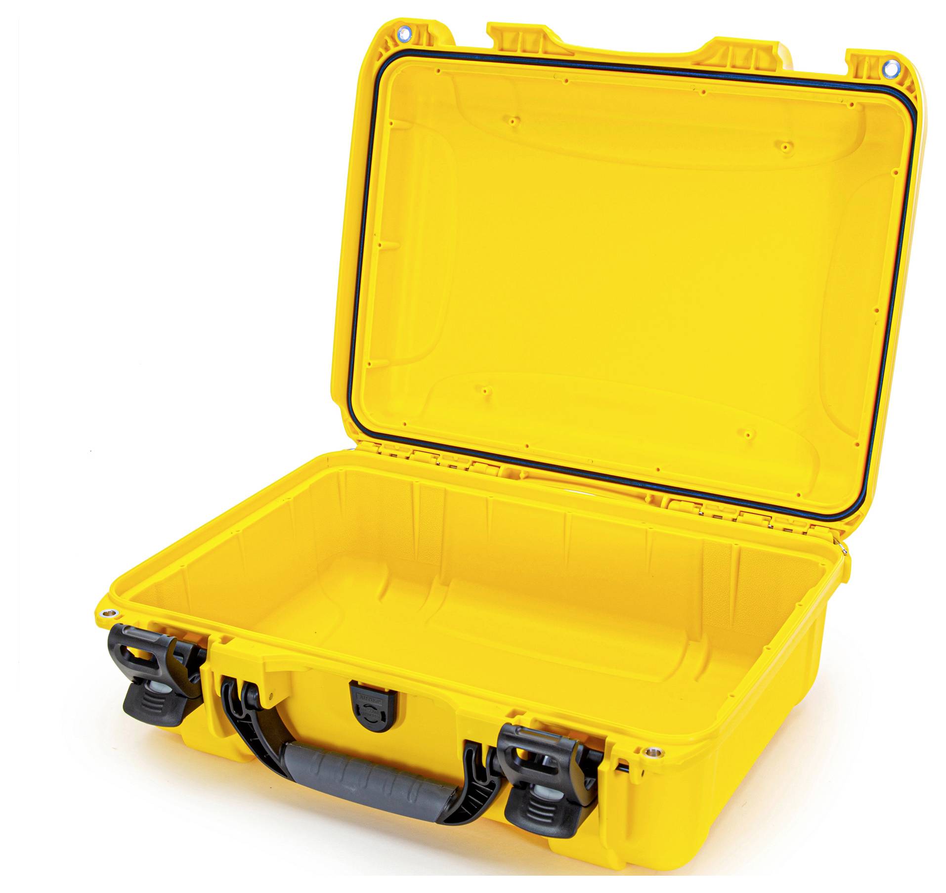 Ein geöffneter, gelber Schutzkoffer mit Schnallen und Griff. Der Koffer ist leer und zeigt seine robuste Innenseite.