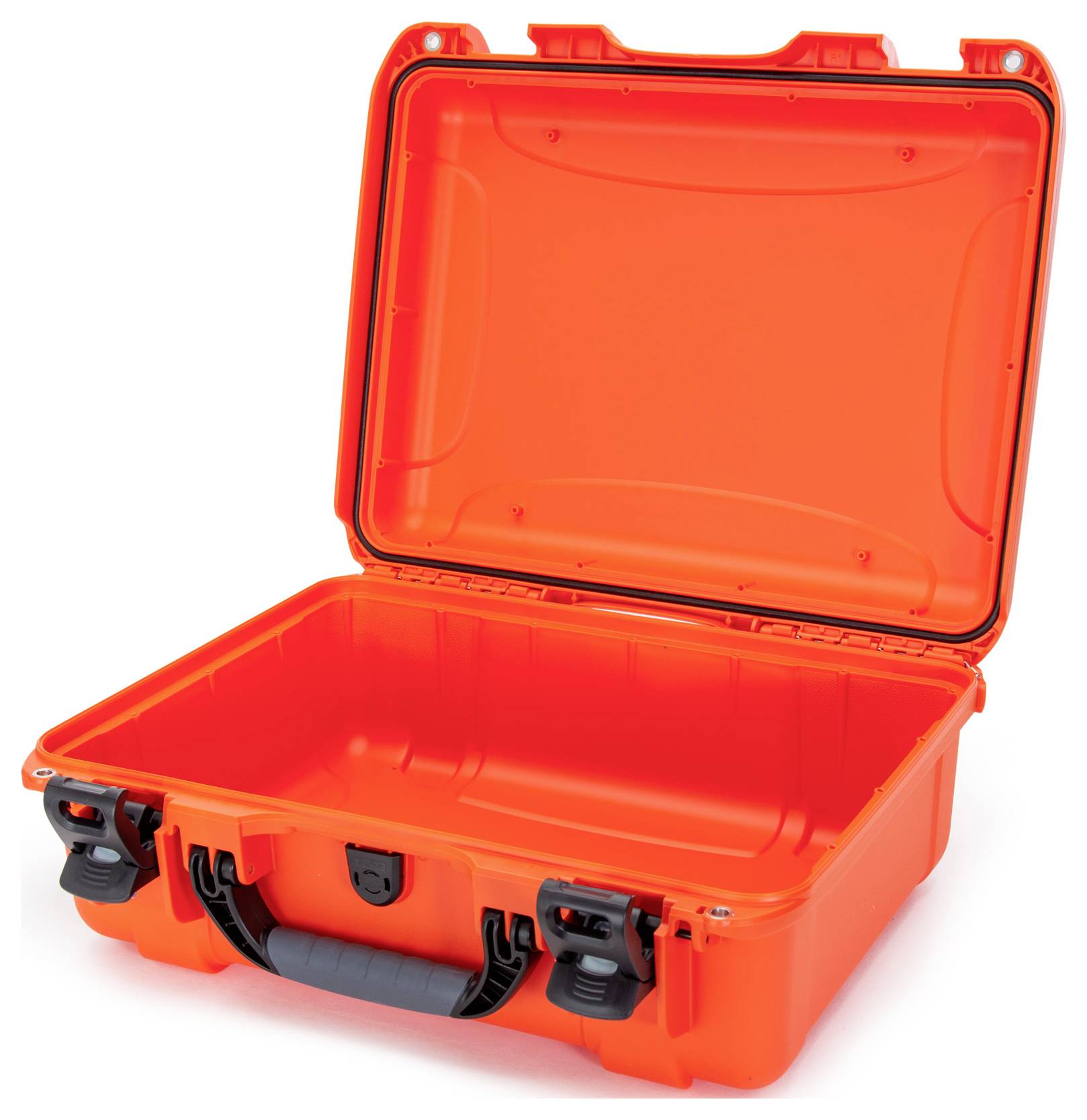 Ein offener, leerer, roter Schutzkoffer mit schwarzem Griff und Verschlüssen.