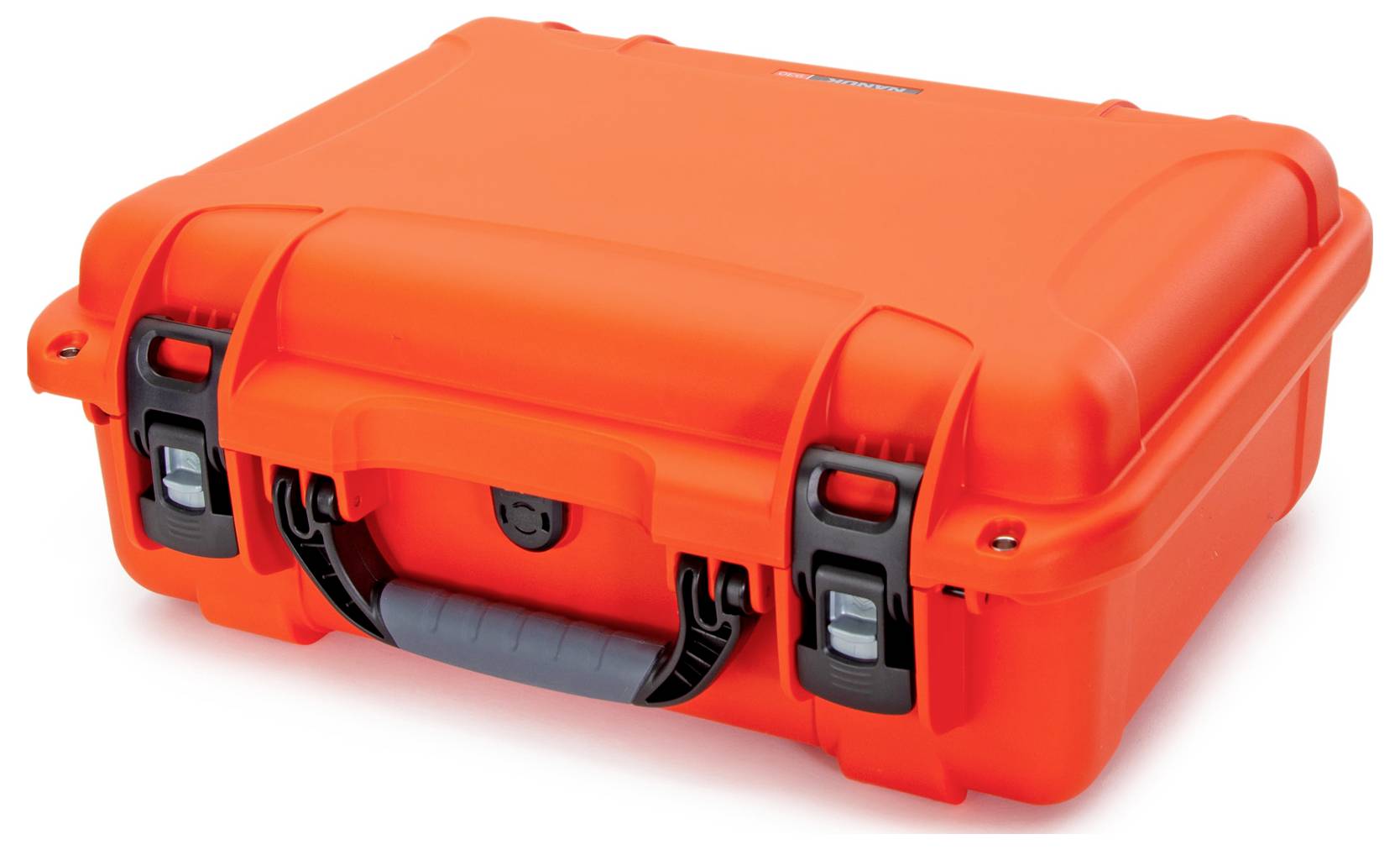 Ein leuchtend orangefarbener, robuster Schutzkoffer mit schwarzem Griff und zwei Verschlüssen, ideal zum sicheren Transport empfindlicher Gegenstände.