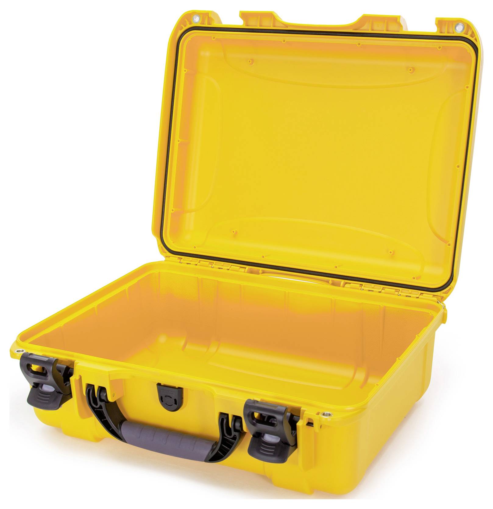 Gelber, geöffneter Schutzkoffer mit robustem Design, schwarzem Griff und Verriegelungen. Ideal für sicheren Transport empfindlicher Gegenstände.