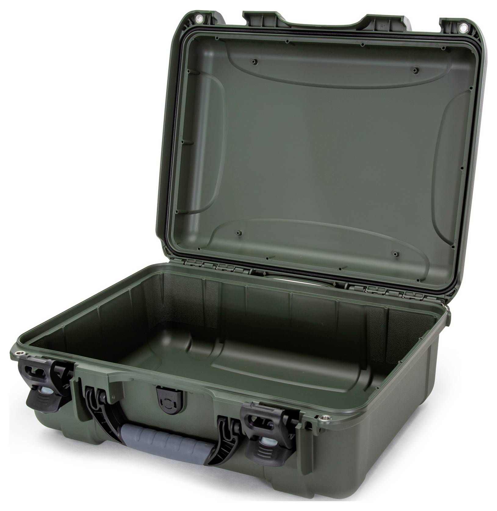 Ein geöffneter, leerer, robuster Transportkoffer in Olivgrün aus Kunststoff, geeignet für den sicheren Transport empfindlicher Gegenstände.