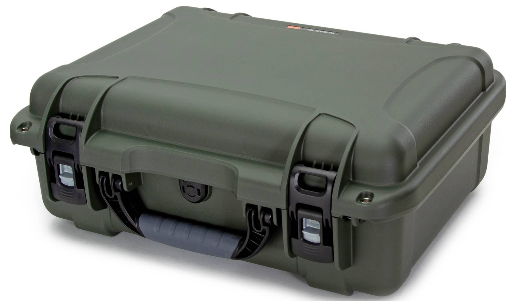 Ein robuster, dunkelgrüner Hartschalenkoffer mit Griff, ausgelegt für den Schutz empfindlicher Ausrüstung während des Transports.
