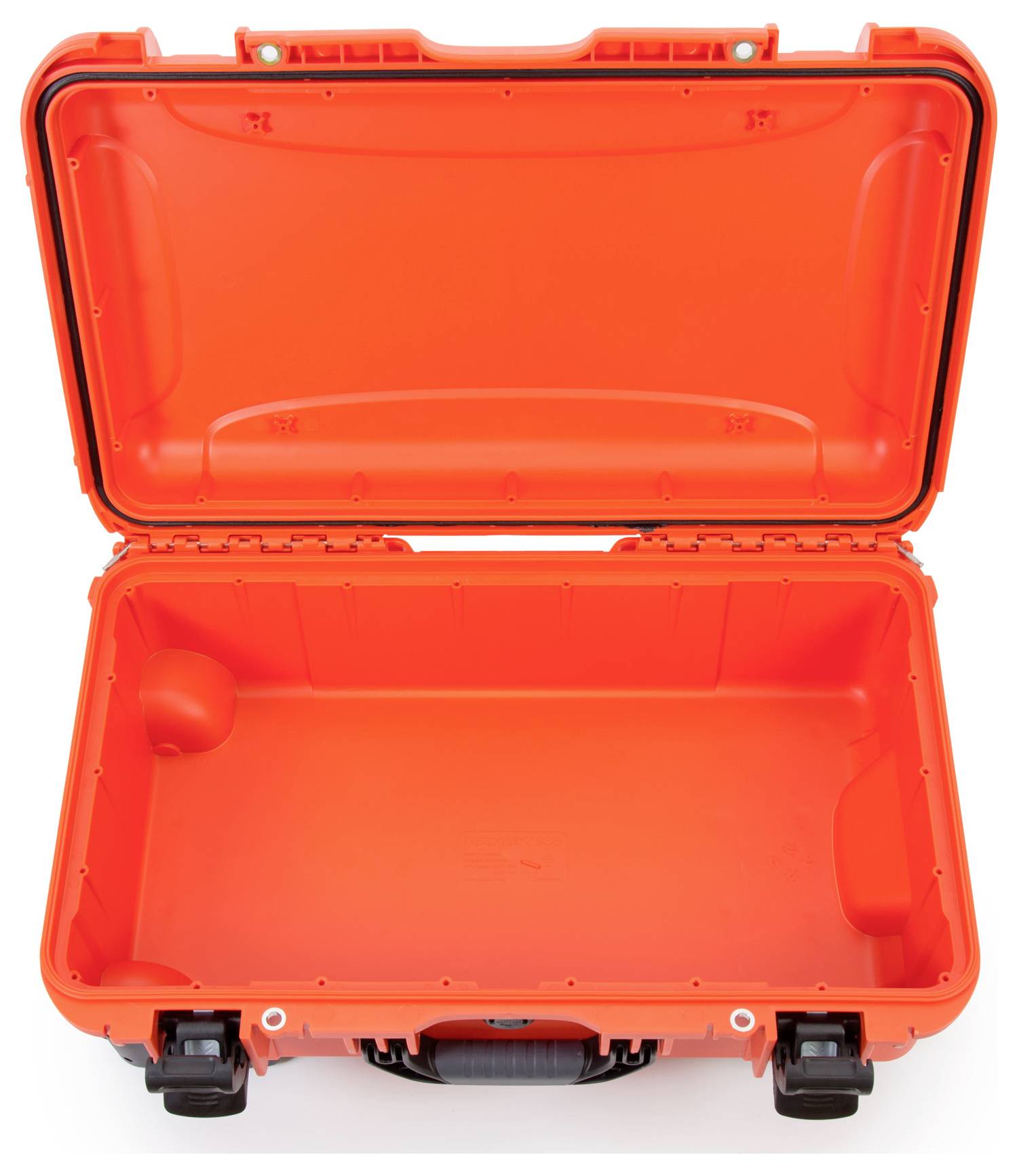 Offener orangefarbener Koffer ohne Inhalt, seitlich betrachtet. Geeignet zum sicheren Transport von empfindlichen Gegenständen.