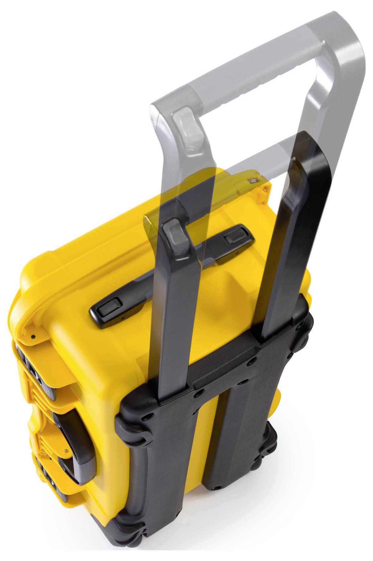 Gelber, robuster Koffer mit ausziehbarem Griff, ideal für den sicheren Transport von empfindlicher Ausrüstung oder Werkzeugen.