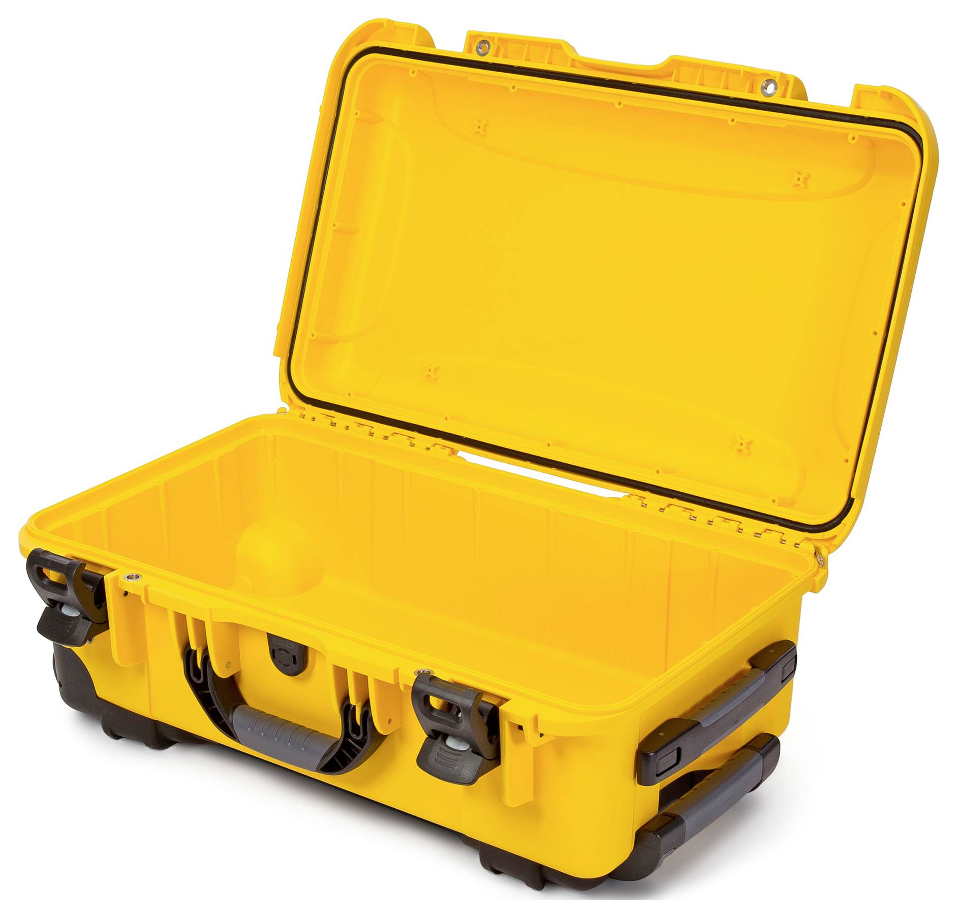 Gelber, offener Koffer mit robusten Griffen und Verschlüssen, leerer Innenraum, geeignet für den sicheren Transport von empfindlichen Gegenständen.