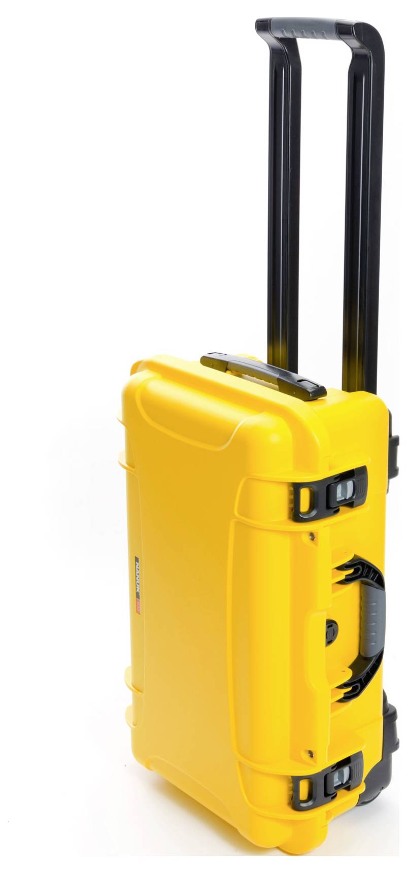 Ein gelber Rollkoffer mit ausziehbarem Griff, geeignet für Reisen. Robust und kompakt, ideal zum sicheren Transport von Gepäck.