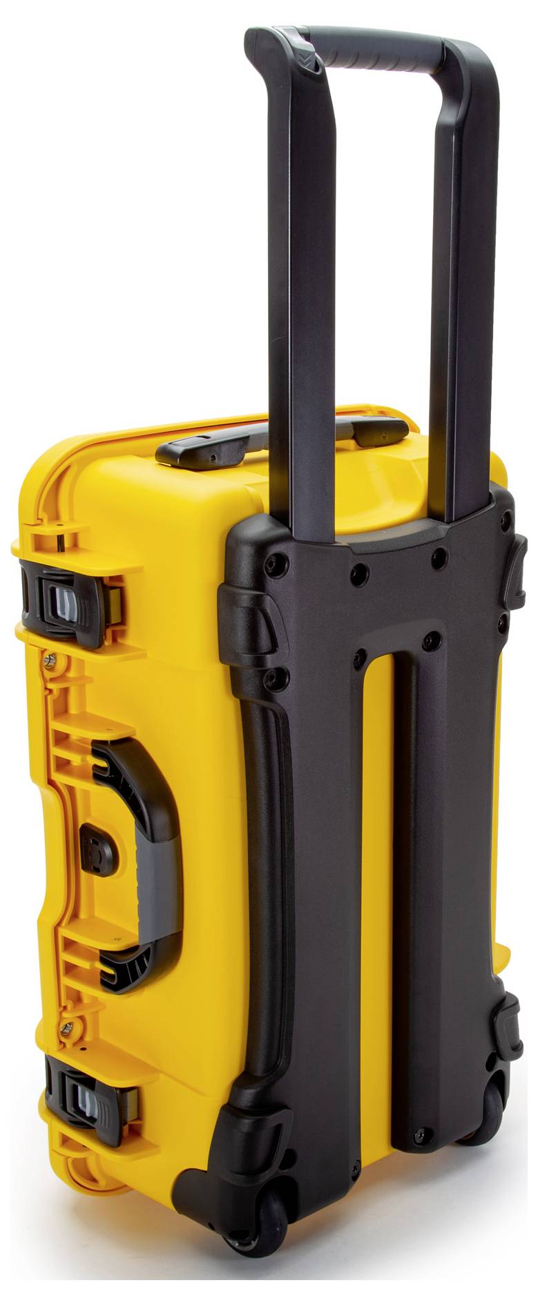 Gelber, robuster Rollkoffer mit schwarzem Griff und Rädern, geeignet für den Transport empfindlicher Ausrüstung.